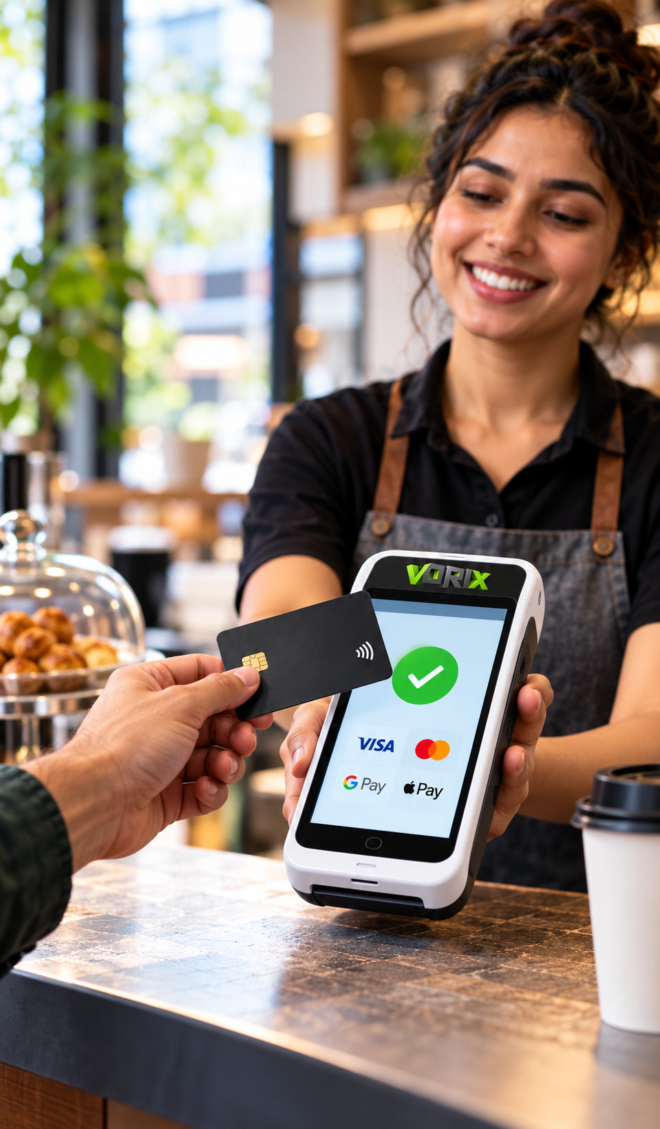 A café assistant holds a card terminal while a customer taps a contactless card to pay